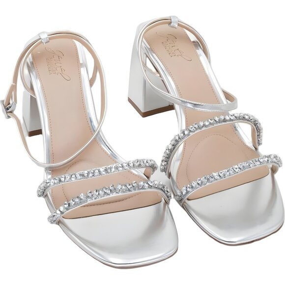 Jewel Badgley Mischka Nella Rhinestone Block Heel Silver Sandals US 11M - Picture 1 of 6